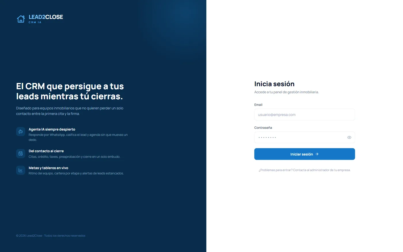 Pantalla de acceso de Lead2close: el CRM que persigue a tus leads mientras tu cierras.